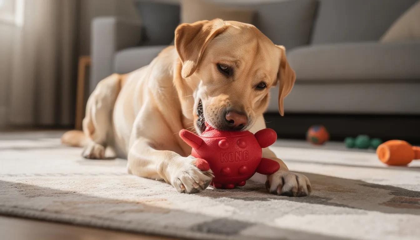 Na podłodze bawi się dorosły pies labrador, który trzyma w pysku wypełniony kong. Jego radosne zachowanie pokazuje, jak ważne jest zaspokojenie potrzeby gryzienia, co może pomóc w oduczeniu psa niepożądanych zachowań, takich jak gryzienie mebli czy rąk.