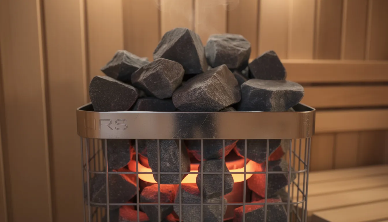 The image shows a close-up view of a traditional sauna heater, featuring stacked stones and visible heating elements, highlighting the intricate electrical components essential for proper heating. This setup emphasizes the importance of regular maintenance and safety checks by a licensed electrician to ensure the sauna is functioning properly and to prevent any potential electrical issues.