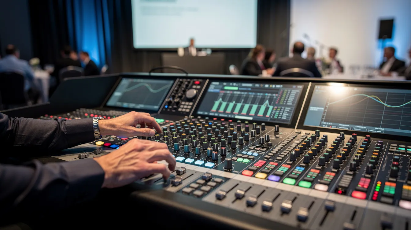 An audio mixing console is prominently displayed, with hands skillfully adjusting the controls, capturing the essence of a live corporate event. This scene reflects the dedication and creativity of the event production team in Minnesota, committed to creating unforgettable experiences for their clients and audiences.