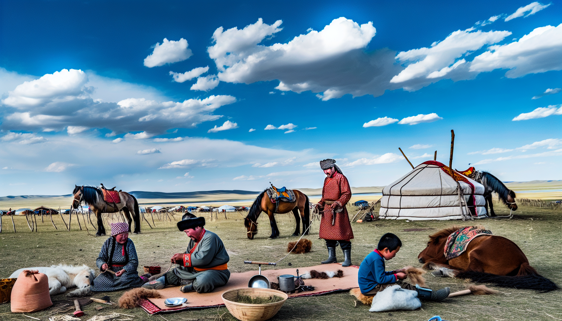 A serene image of a nomadic family engaging in traditional activities, providing an authentic experience of nomadic life during Mongolia tours.