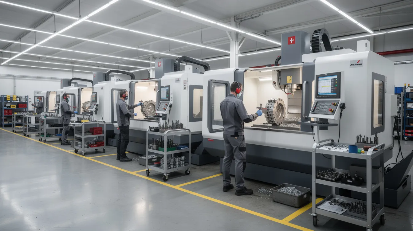 The image depicts the interior of a modern CNC machine shop, showcasing rows of advanced multi-axis milling machines. Operators are actively monitoring production processes, emphasizing precision CNC machining services and the use of advanced CNC machining capabilities in manufacturing custom CNC machined parts.