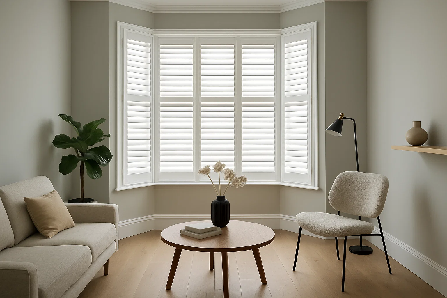 Painted walls complementing bay window shutters in a UK home