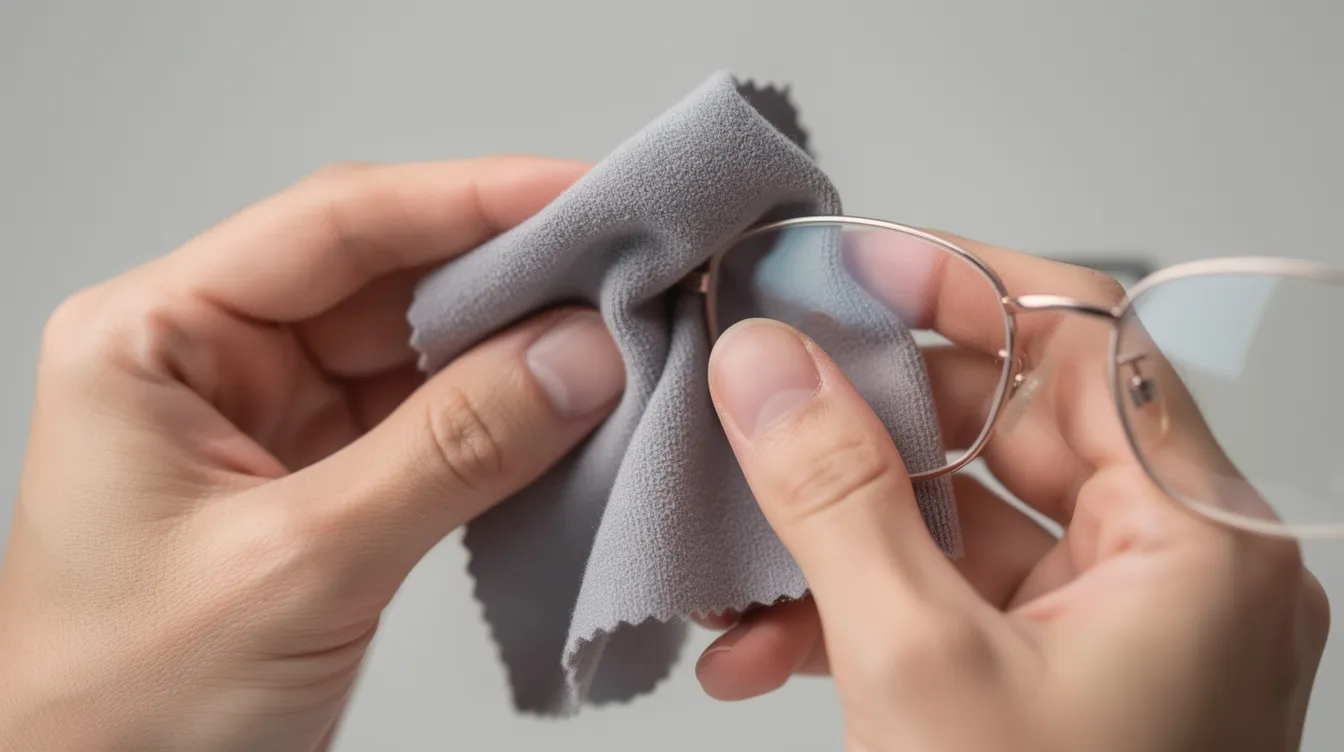 Uma pessoa está limpando cuidadosamente as lentes de óculos ray ban com um pano de microfibra macio, garantindo a manutenção da qualidade e clareza das lentes. As mãos demonstram delicadeza e atenção aos detalhes, refletindo a importância dos cuidados com os óculos.