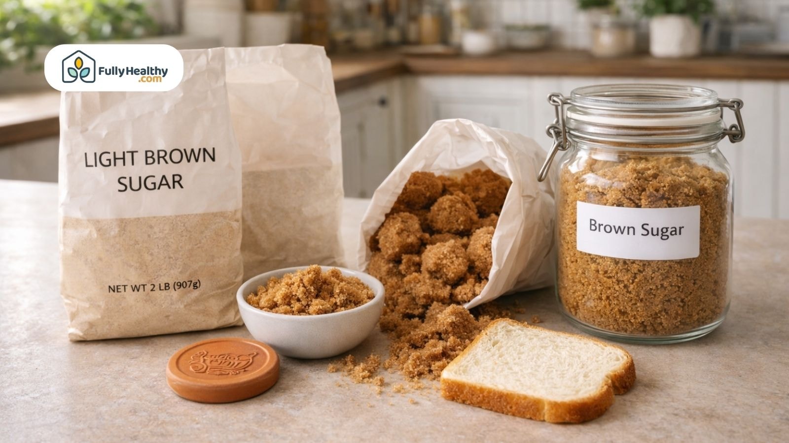 Light brown sugar in bags and jar with bread and sugar saver