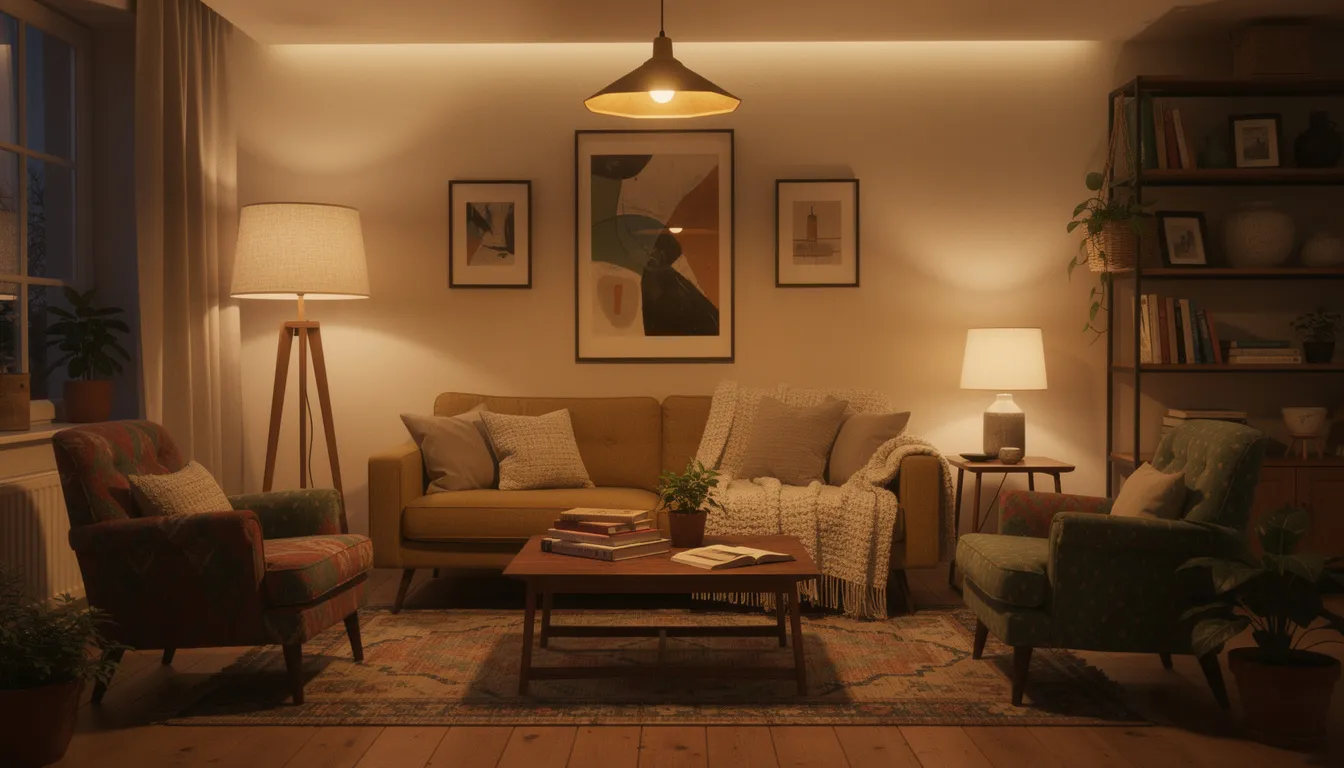 The image depicts a cozy living room featuring layered lighting with table lamps and a stylish floor lamp, creating a warm ambiance. Mixed furniture pieces, including a comfortable sofa and accent chairs, are complemented by soft textures and indoor plants, enhancing the decor style of the space.