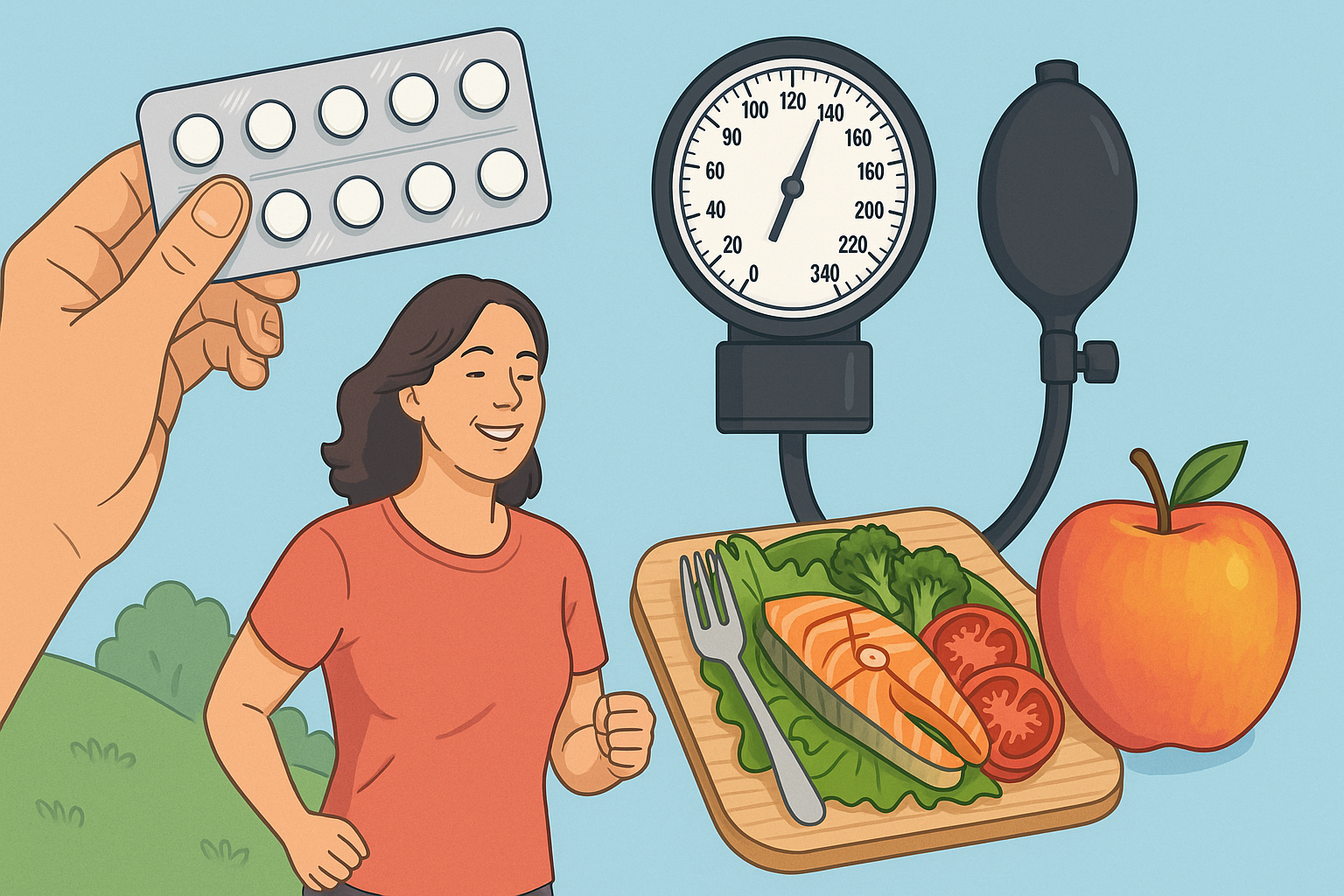 Trening, blodtrykksmåler og sunne måltider – livsstil + medisin.