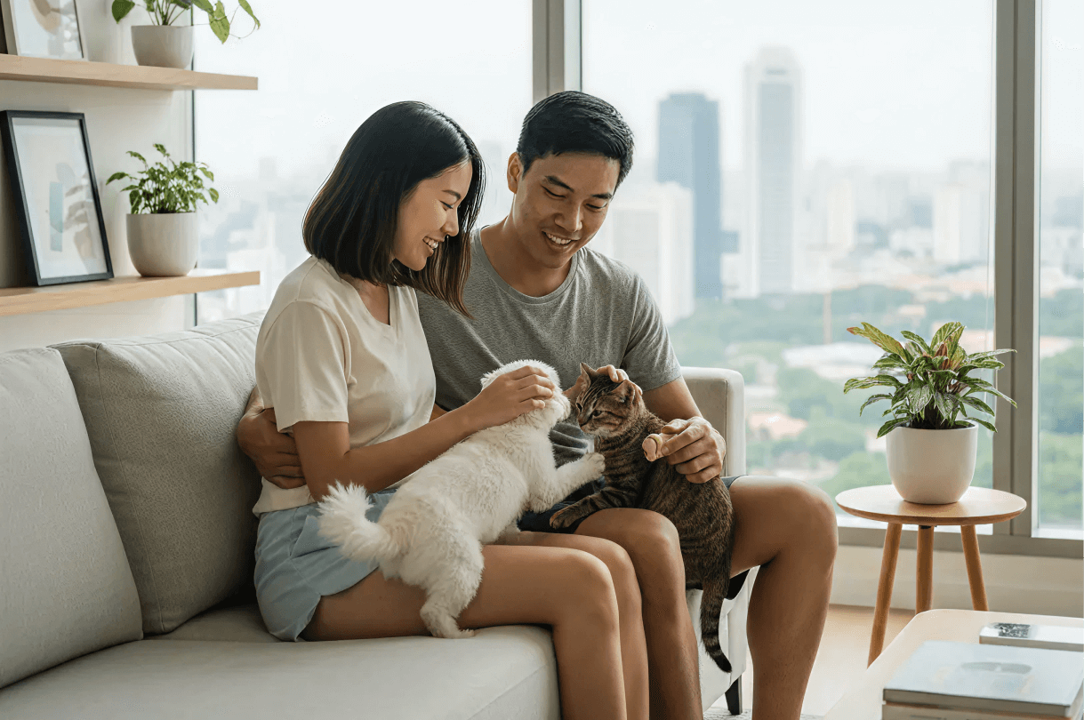 A couple sits on a sofa by a large window, smiling as they pet a small white dog and a tabby cat, with houseplants and a city skyline visible in the background.