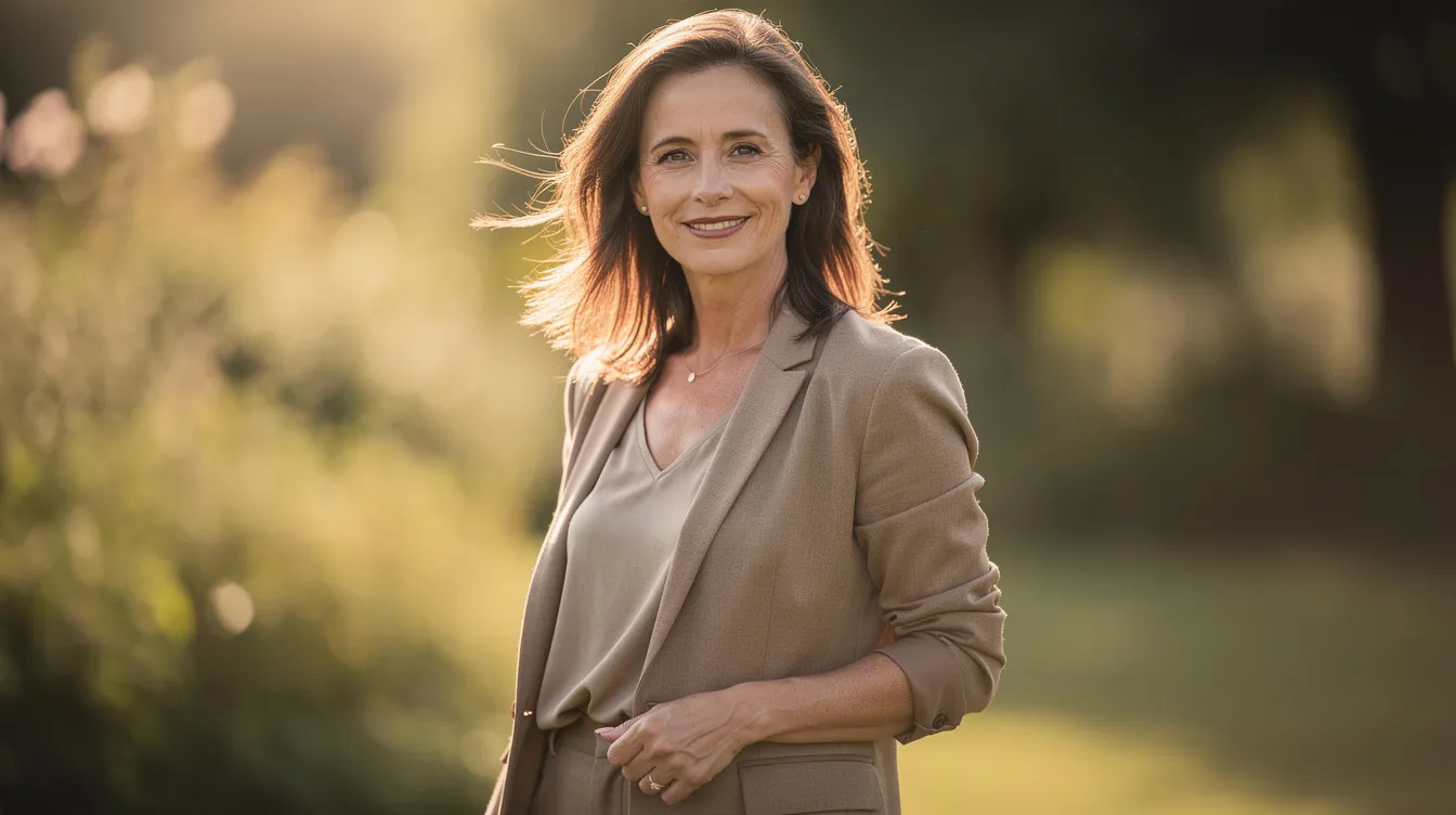 The image shows a woman in her 40s enjoying the outdoors, exuding a sense of relaxation and confidence under the natural sunlight. Her demeanor reflects overall well-being, which may resonate with themes of female sexual health and libido enhancement.