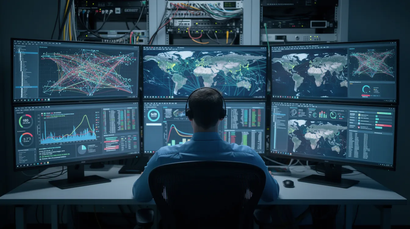 A network administrator is intently observing multiple monitors displaying various data visualizations related to wireless network performance, including metrics on connected devices, signal strength, and wi fi traffic monitoring. The screens provide real-time data to help identify potential problems and optimize the wireless network's connectivity and performance.