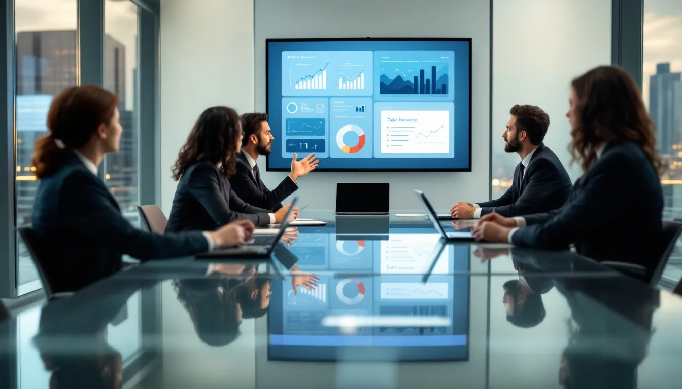 A group of professionals is engaged in a modern business meeting, discussing data privacy and security while exploring private video hosting platforms. The atmosphere is focused, with participants considering advanced features and secure video hosting solutions for their corporate communications.