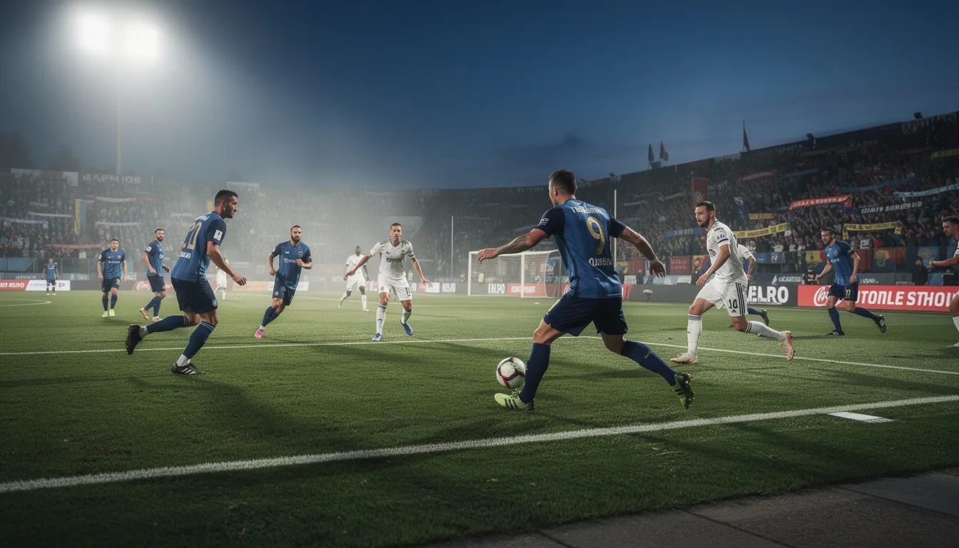 En fotbollsplan är belyst av starka lampor under en kvällsmatch, där spelare i olika färgade tröjor kämpar om bollen. Stämningen är intensiv och åskådarna hejar på sina lag, vilket skapar en dynamisk atmosfär.