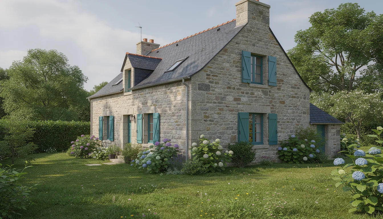 Une maison traditionnelle bretonne en pierre, ornée de volets peints, se dresse dans un environnement verdoyant. Ce bâtiment témoigne du savoir-faire des artisans peintres, intégrant harmonieusement la décoration extérieure dans le paysage naturel.
