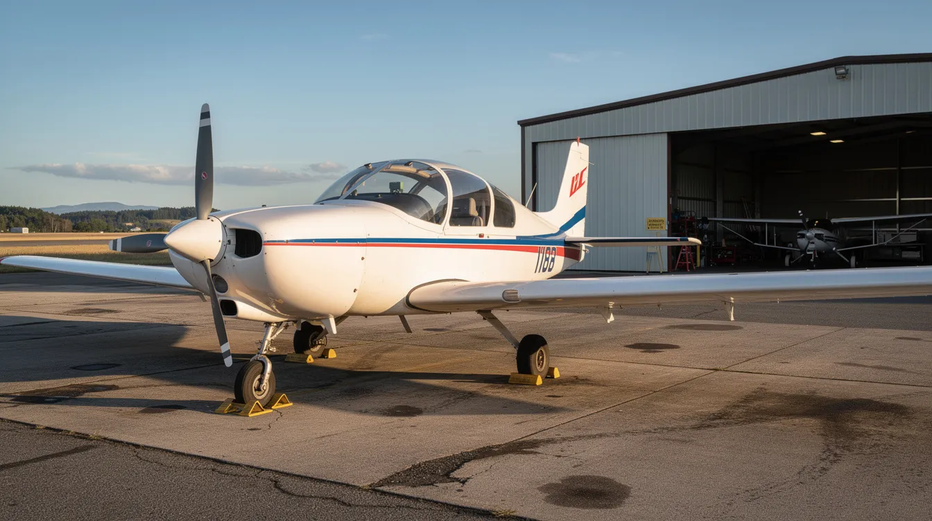 A training aircraft is parked on the ramp of a small regional airport, with a hangar visible in the background, highlighting the environment where student pilots engage in flight training. This scene reflects the setting for aspiring pilots as they work towards obtaining their private pilot license and gain valuable flight hours.