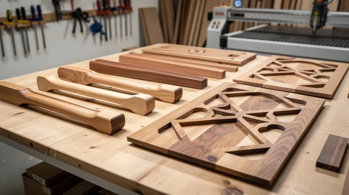 An array of finished CNC-cut wooden furniture components, including elegantly curved chair legs and intricately designed decorative panel pieces, is neatly arranged on a workbench, showcasing the high-quality results achieved through the precision of a CNC machine. The layout highlights the manufacturing process and the various components ready for assembly in woodworking projects.