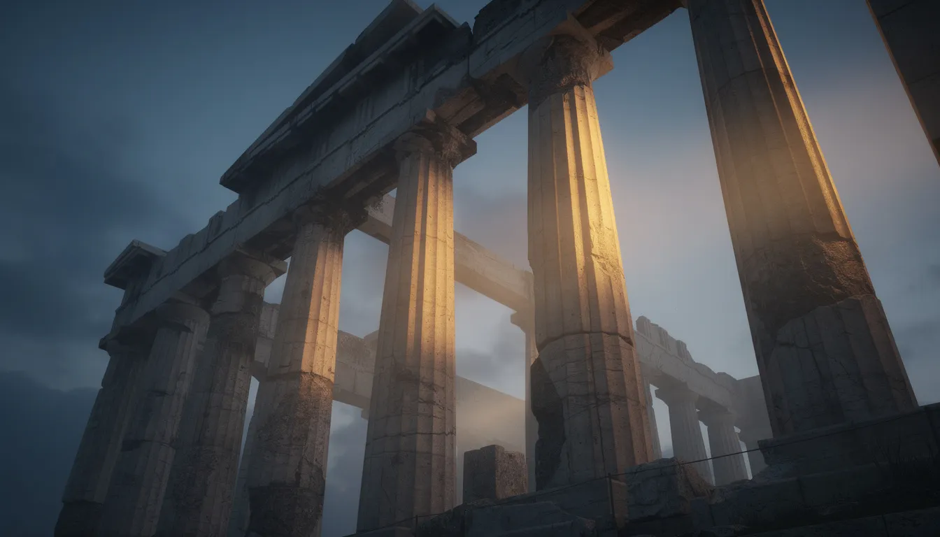 Bild av antika grekiska tempelkolonner som står majestätiskt under dramatisk belysning, vilket skapar en känsla av storhet och mystik som påminner om gudarna i den grekiska mytologin. Kolonnerna är ett exempel på klassisk arkitektur som för tankarna till tidens spel och vinster i ett online casino.