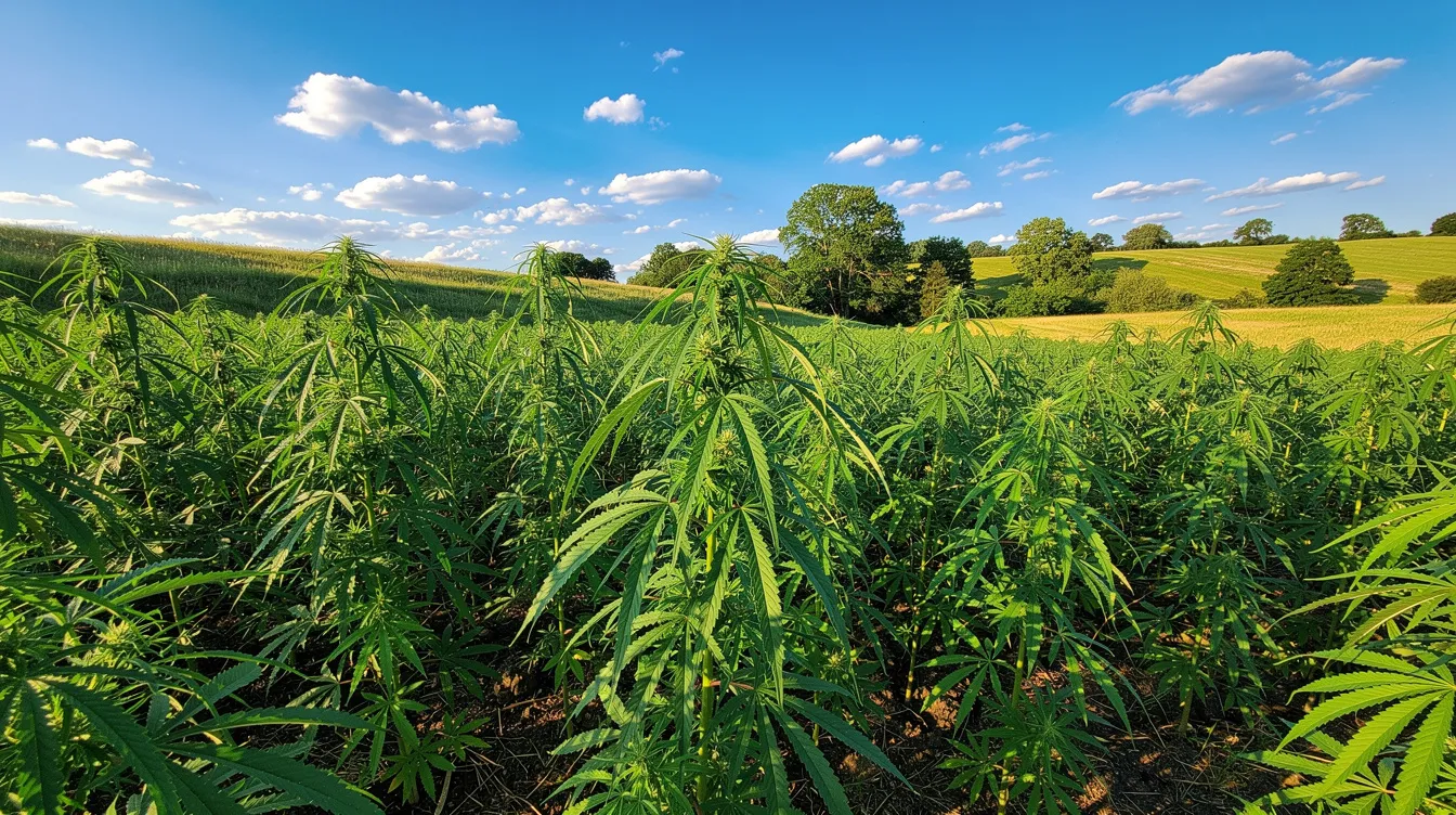 The image depicts a vibrant green hemp field stretching under a clear blue sky, with gentle rolling hills visible in the background. This scene highlights the beauty of industrial hemp, which is recognized under West Virginia law, and reflects the state's agricultural crop potential for medical cannabis products.