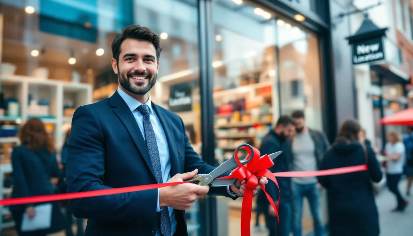 A small business owner stands in front of a newly opened location, symbolizing business expansion and the potential for growth. This moment reflects the importance of securing a business expansion loan to fund new operations and create job opportunities.