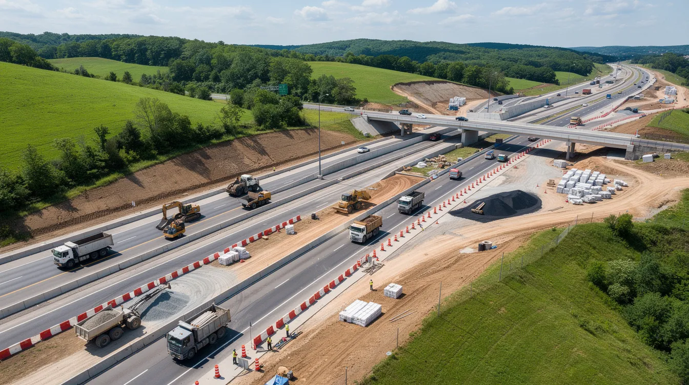 An aerial view showcases an active highway construction zone surrounded by green hills, featuring heavy machinery and marked lane closures. This scene emphasizes the importance of workplace safety and effective risk management strategies in the construction industry.