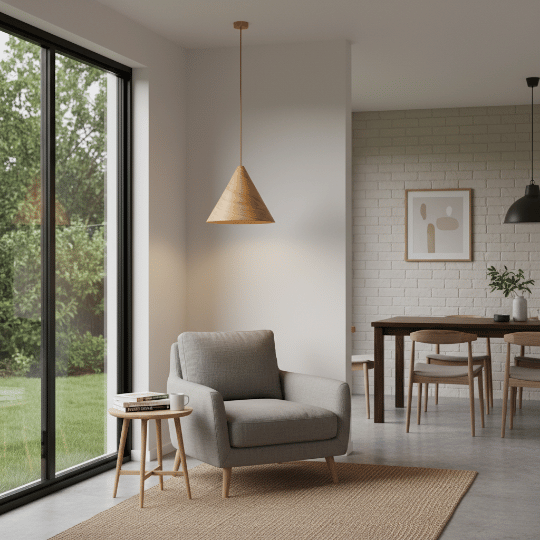 Dining room lit by a cone-shaped pendant light hanging from the ceiling.