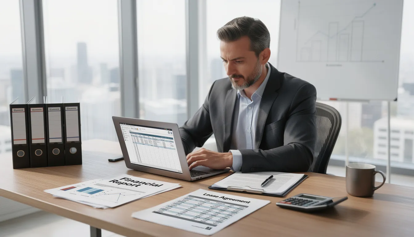 A property manager is seated at a desk, intently reviewing documents and financial reports related to rental properties. This scene highlights the importance of effective property management, including financial reporting and tenant communication, essential for maintaining tenant satisfaction and ensuring legal compliance within the property management industry.