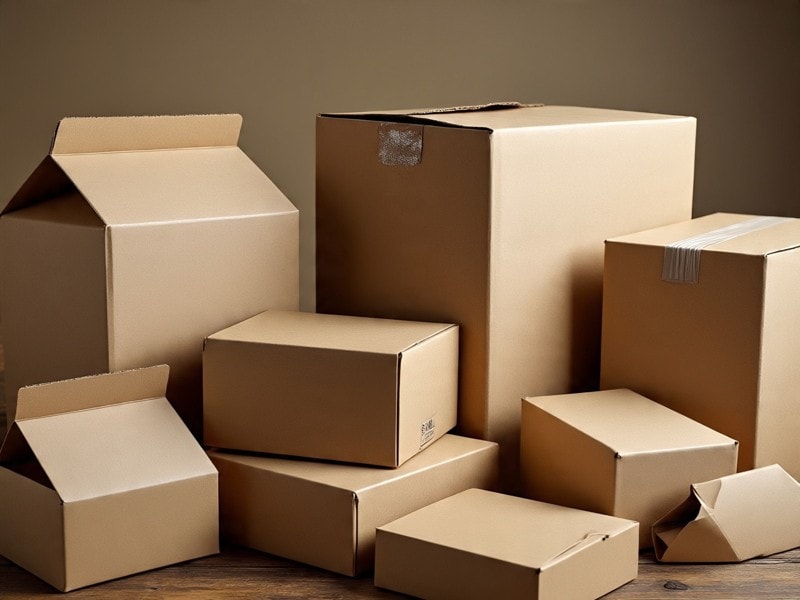 An image showing stacked brown cardboard boxes in various sizes, including plain carton packaging used for storage and shipping.