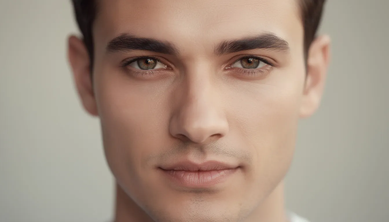 A close-up of a man's face showcases his natural, well-groomed eyebrows, featuring a slight curve and a perfect brow shape that enhances his facial features. The image highlights the thick eyebrows, emphasizing the attention to eyebrow grooming and care, which adds definition to his appearance.