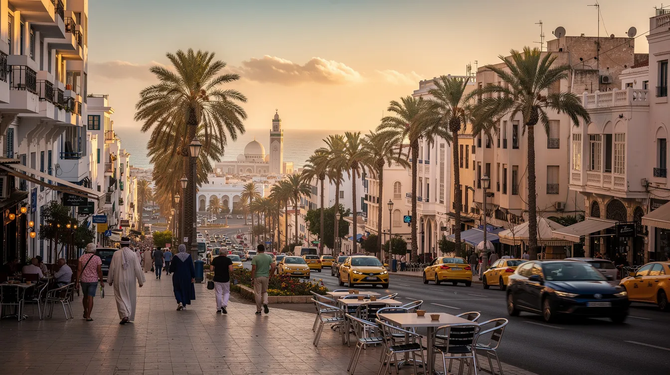 A imagem mostra a vibrante cidade de Casablanca, Marrocos, com suas calçadas movimentadas e arquitetura característica. Ao fundo, destaca-se uma mesquita imponente, simbolizando a rica história e cultura da região, enquanto viajantes exploram as lojas e restaurantes locais.