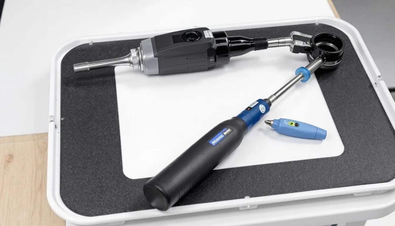 The image displays various veterinary instruments used for eye examination, including a tonometer and an ophthalmoscope, which are essential for assessing conditions such as corneal ulcers and eye inflammation in dogs. These tools help veterinarians diagnose issues related to a dog