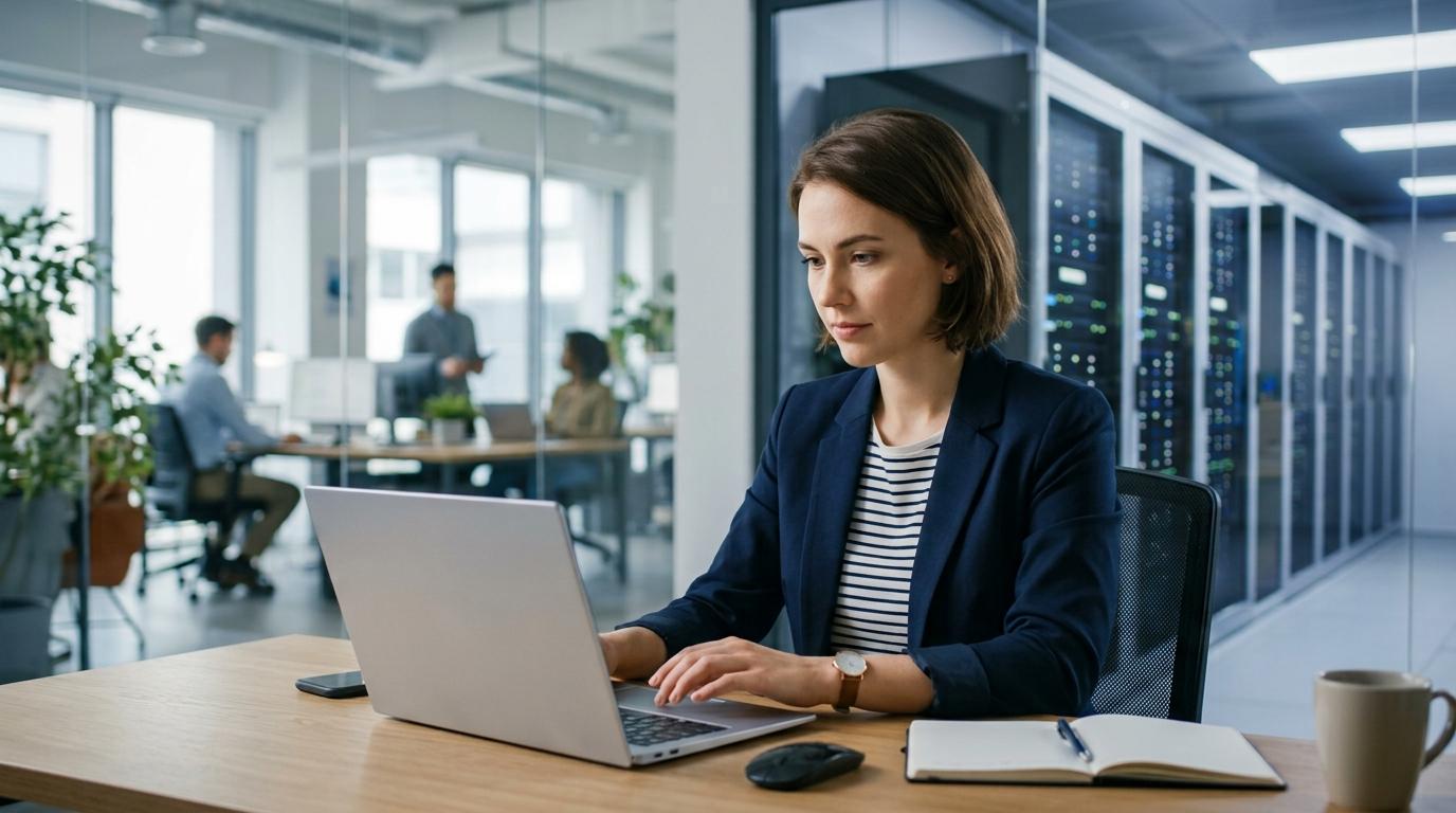 Modern learner launching a cloud-hosted virtual desktop instantly from a web browser on a laptop, with cloud infrastructure in the background.