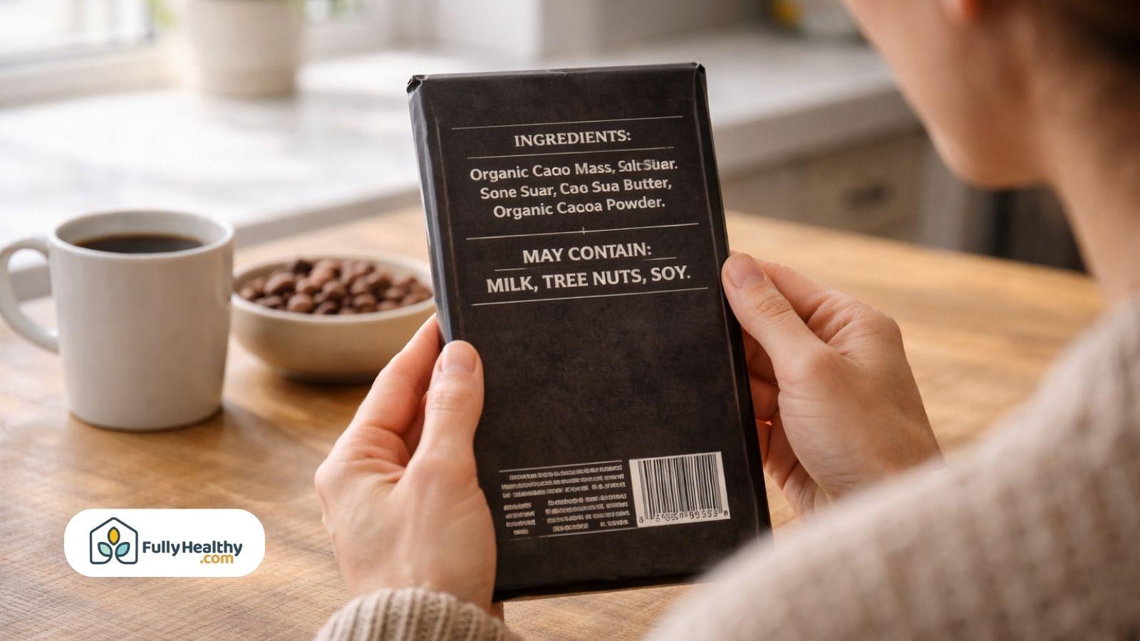 Hands read dark chocolate ingredients label showing allergens beside coffee and beans