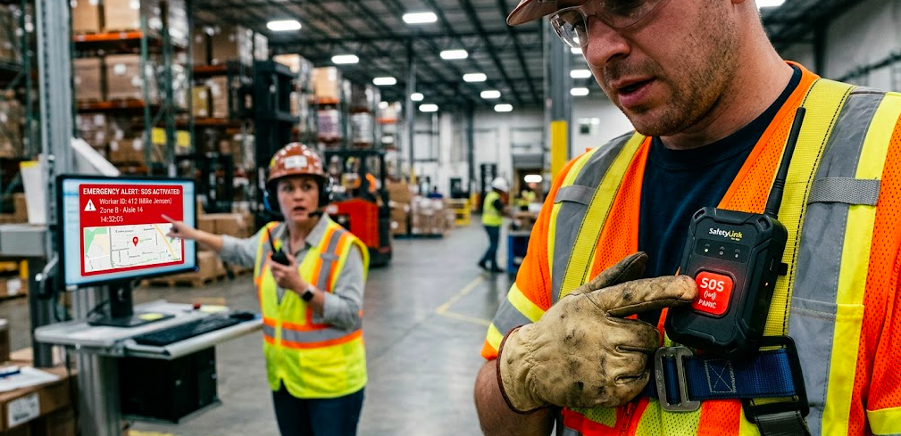 Warehouse employee pressing an SOS panic button on a GPS lone worker safety device.