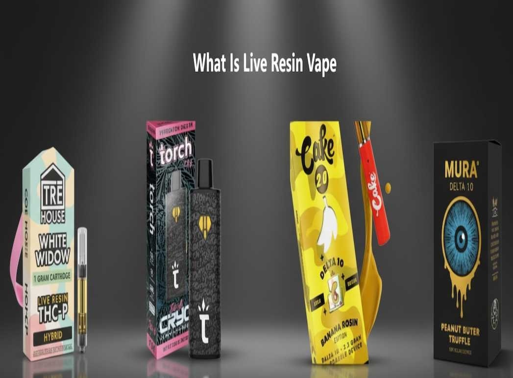 A horizontal banner image with the title "What Is Live Resin Vape" centered at the top. Below the title, four different cannabis vape products are displayed against a gradient dark gray background. From left to right: a "Tre House White Widow" live resin THC-P hybrid cartridge with its light green and pink box; a "Torch Cryo" disposable vape and its dark patterned box with pink accents; a "Cake 2.0 Delta 10 Banana Rosin" disposable vape with its bright yellow packaging featuring a banana graphic, alongside a separate red "Cake" branded vape; and a "Mura Delta 10 Peanut Butter Truffle" product in a black box with a vibrant blue eye graphic dripping gold.