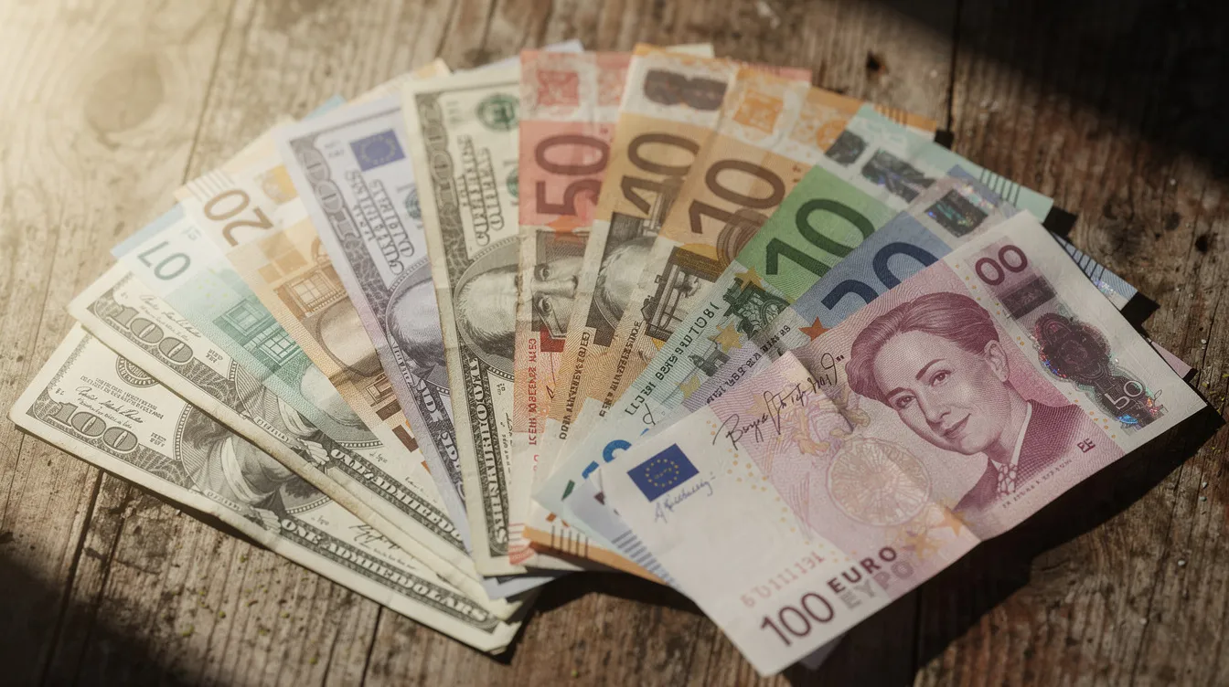 The image features a collection of international currency notes, including the Singapore dollar and USD, fanned out on a wooden table, symbolizing the concept of sending money abroad and facilitating international money transfers. This visual representation highlights the diversity of currencies used in multiple countries, relevant for customers seeking secure and hassle-free payment options like those offered by IndusInd Bank.