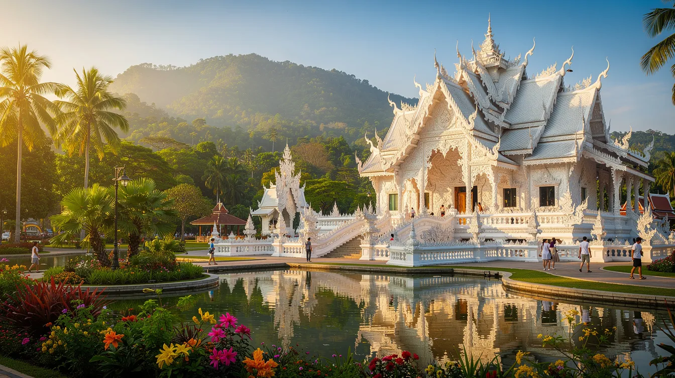 A imagem retrata uma vista deslumbrante de Chiang Rai, na Tailândia, com montanhas verdes ao fundo e um céu azul claro. No primeiro plano, há um templo tradicional tailandês, adornado com detalhes intricados, rodeado por uma vegetação exuberante, criando um cenário perfeito para turistas que visitam essa cidade encantadora.