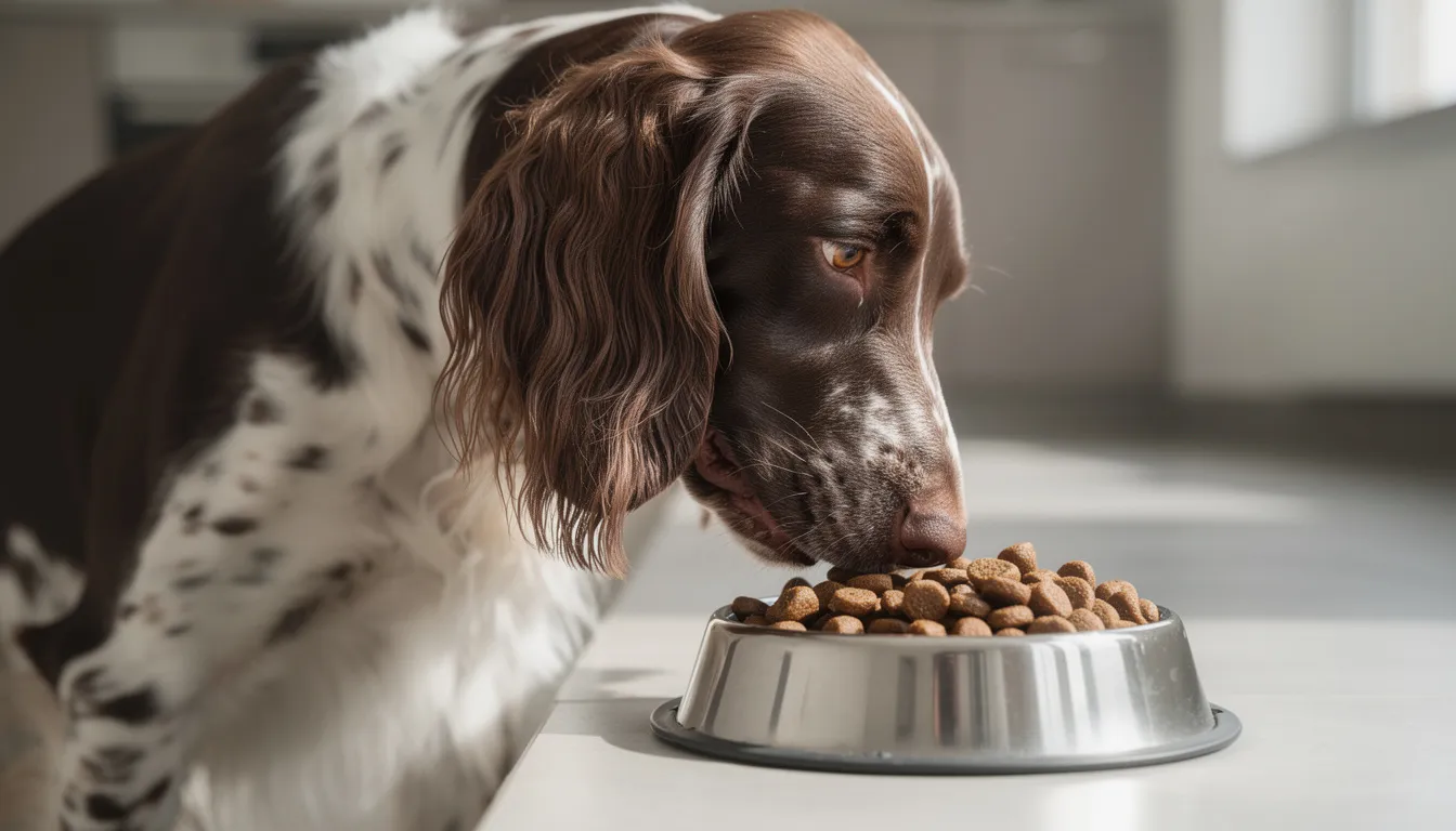 A German Longhaired Pointer is happily eating high-quality kibble from a dog bowl, showcasing its long, flowing coat and keen expression. This large breed is known for its intelligence and energetic nature, making it a great family dog and a beloved companion for active pet owners.