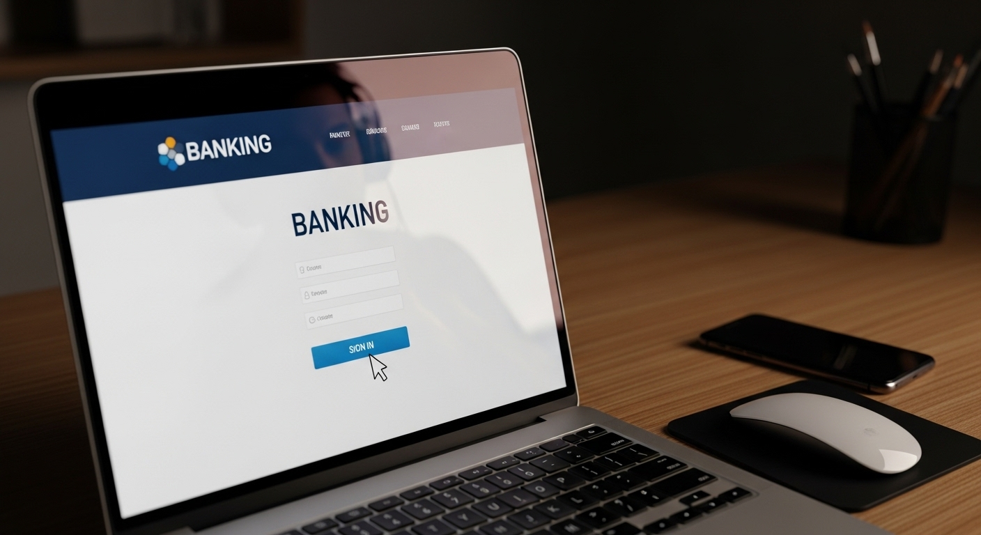 Phishing attack concept showing a fake login screen on a laptop tricking a remote user into entering credentials.