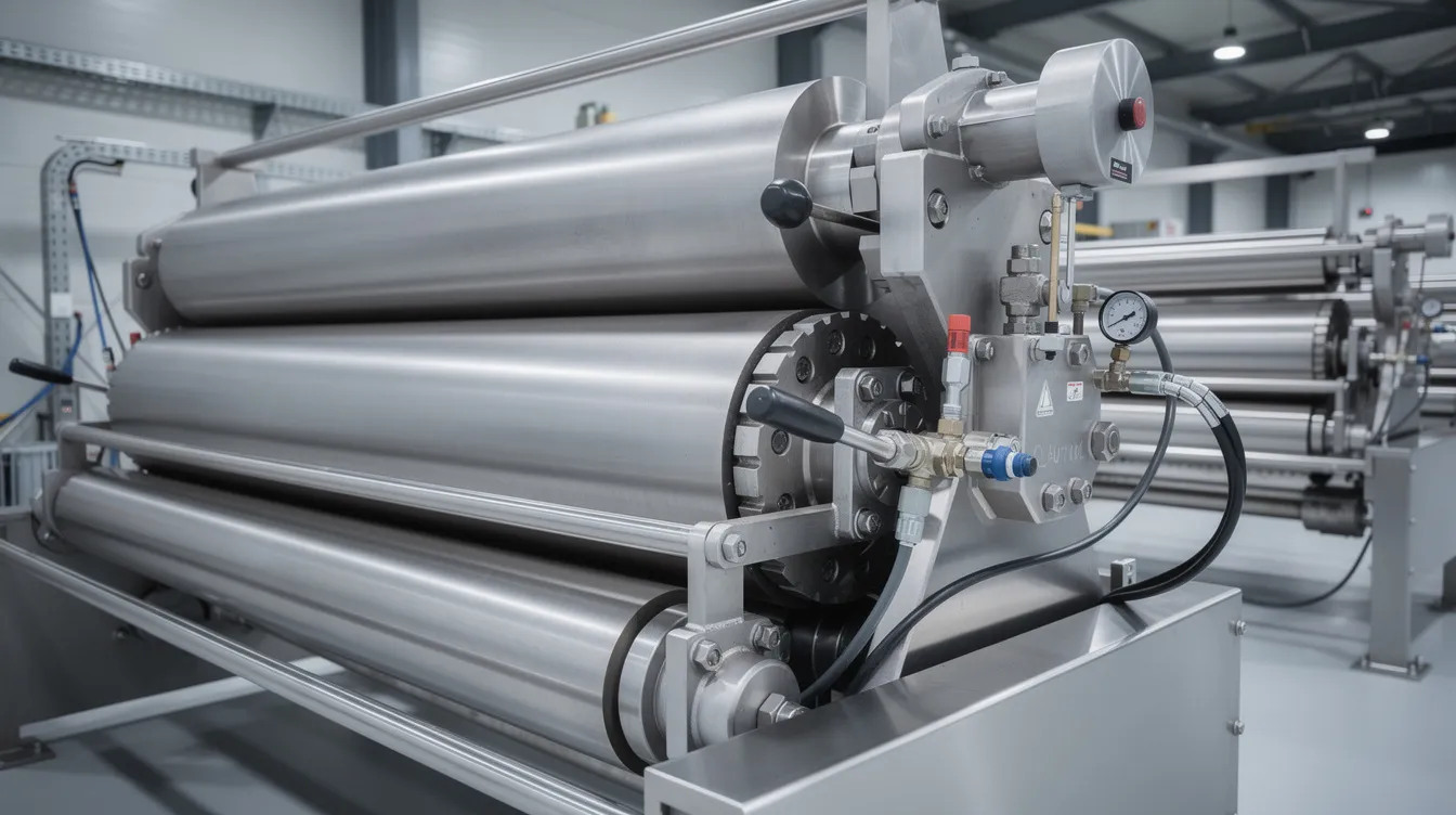 0f914519 8ccc 4c43 9aee 26c562d49452 A close-up view of industrial stainless steel flaking roller mills, featuring hydraulic adjustment mechanisms, is displayed in a soybean processing plant. This machinery is essential for efficiently grinding raw materials like soybeans, contributing to the production of soybean meal and oil for various applications, including human consumption and animal feed.