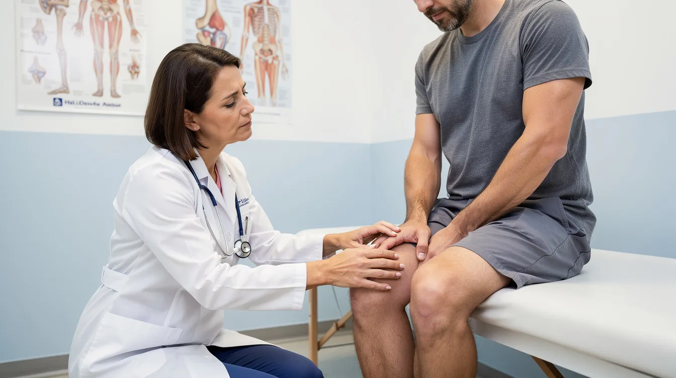 A medical professional is examining a patient's knee in a clinical setting, likely assessing for a work-related knee injury. This interaction may be part of the process for determining workers compensation benefits or medical treatment options for injured workers in Colorado.