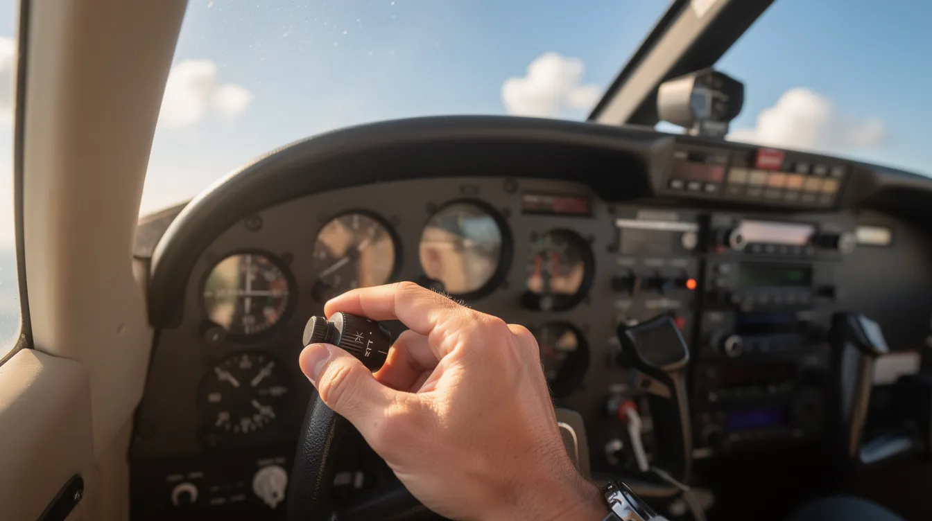 A pilot's hand is seen adjusting the altimeter knob inside a small airplane cockpit, ensuring the aircraft maintains the appropriate VFR altitude during level cruising flight. The cockpit is filled with various instruments, and the focus is on the pilot's careful operation to adhere to prescribed flight levels.