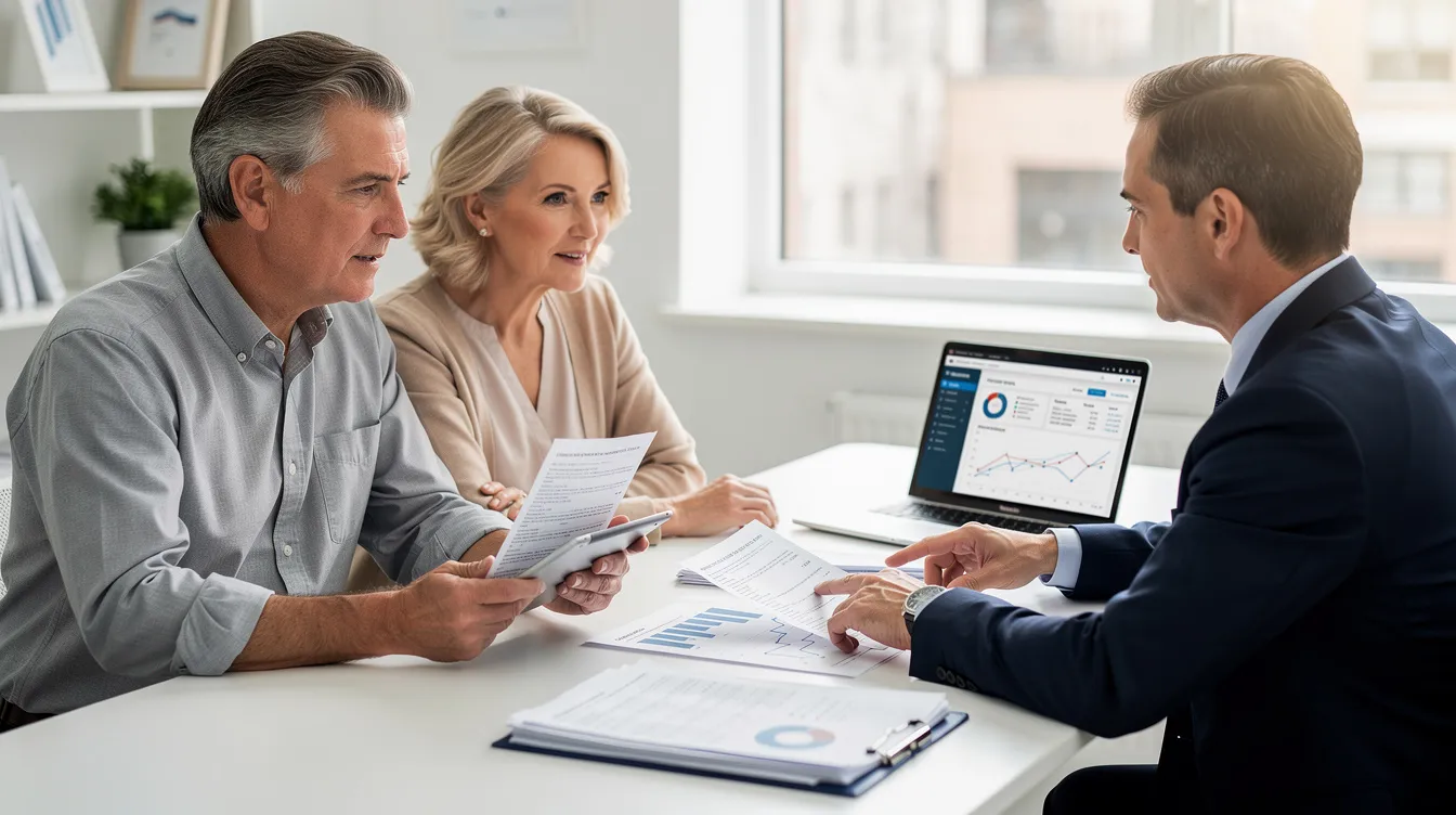 A mature couple is seated at a desk, closely reviewing financial documents with a professional advisor, emphasizing their collaboration on wealth management and investment objectives. The advisor provides personalized guidance to help them achieve their financial goals and manage their investment portfolio effectively.