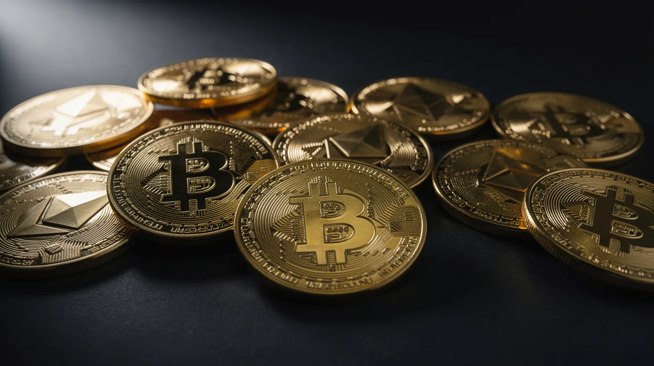 The image features a collection of golden Bitcoin and Ethereum coins scattered across a dark surface, highlighting their intricate designs and metallic sheen. This visual represents the growing interest in cryptocurrencies, which can also be found on non gamstop betting sites for a diverse online gambling experience.