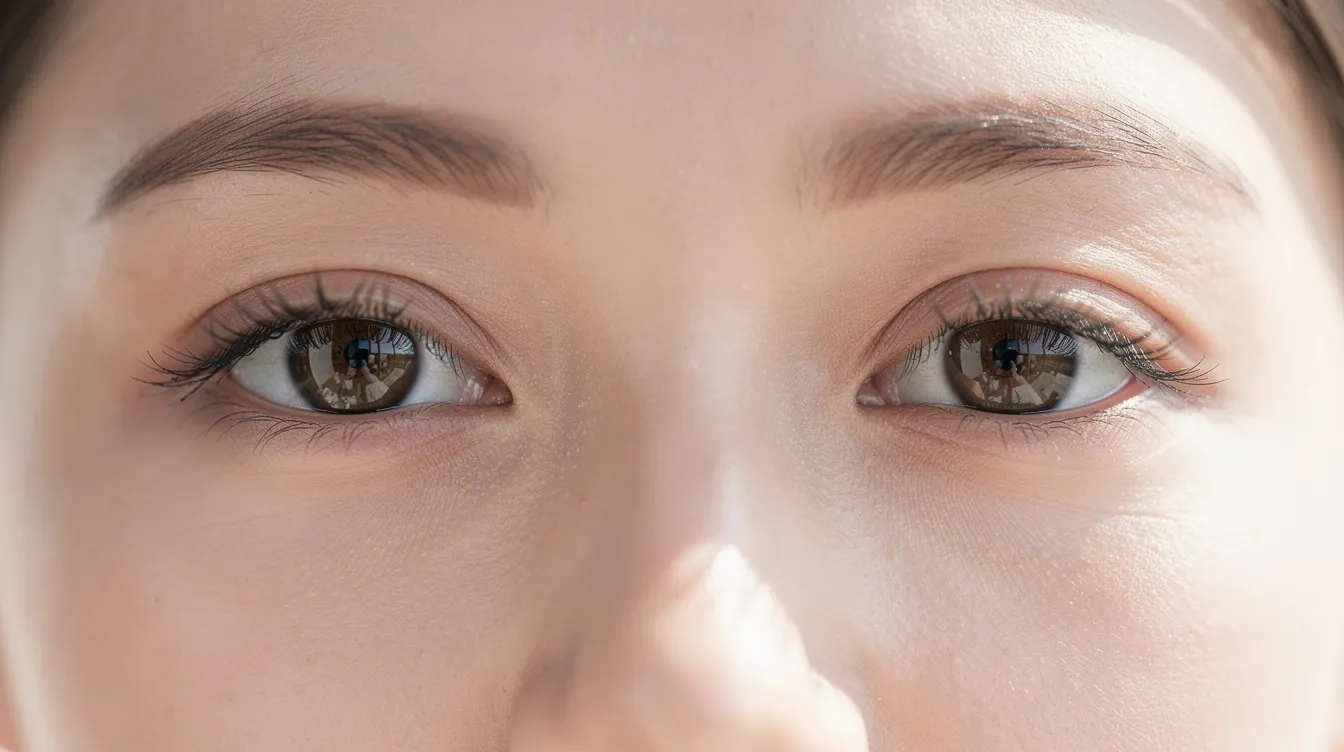 This close-up photograph captures a person's eyes in natural light, highlighting the relaxed position of the upper eyelids and any potential signs of drooping or excess skin. The image may illustrate characteristics associated with hooded eyelids or mild ptosis, showcasing the natural eyelid crease and the overall eye shape.