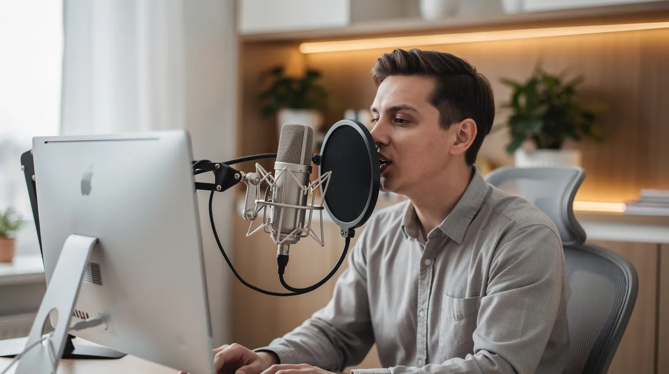 A person is speaking into a professional condenser microphone in a modern home office, surrounded by marketing tools and resources that support their new business. This setup suggests a focus on creating content for lead generation and passive income through strategies like podcasting and email marketing.