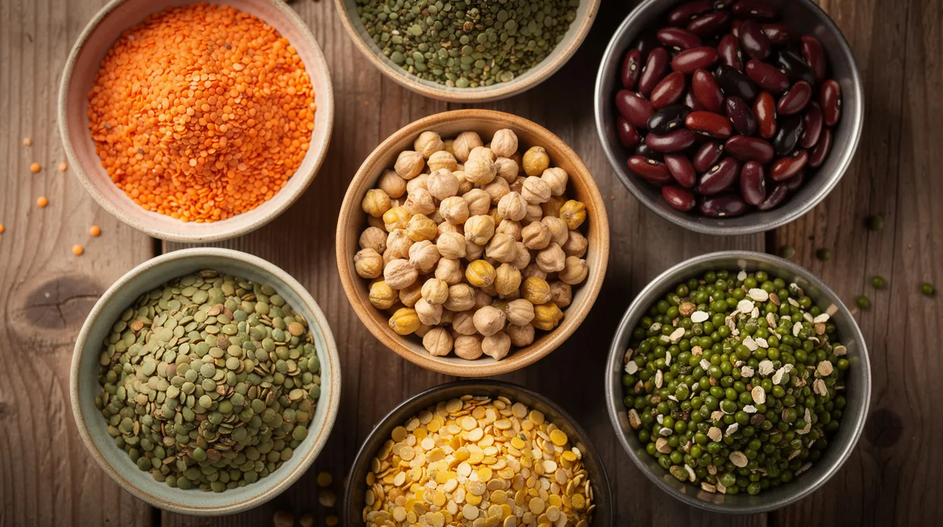 0f97bc05 3a65 4f02 893e 5d930da4d128 A close-up photograph showcases a variety of cleaned and sorted pulse commodities, each arranged in separate bowls on a rustic wooden surface. This vibrant display highlights the processed pulses, which are essential raw materials in the pulse processing sector, catering to the rising consumer demand for nutritious and plant-based dietary patterns.