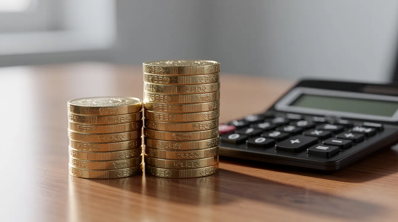 0f9b0a73 797d 448e ad52 1b0f8c6cbee9 The image shows two stacks of Indian rupee coins of varying heights placed on a wooden desk, alongside a calculator, symbolizing financial assistance and the management of working capital for small businesses. This setting reflects the importance of understanding loan limits and eligibility criteria for schemes like Mudra loans in India.