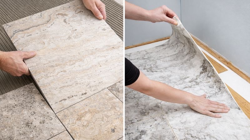 Comparison between installation process of marble titles vs marble wrap