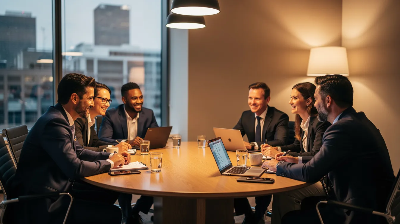 A small group of executives engages in a private roundtable discussion in a warmly lit meeting room, exchanging diverse perspectives on leadership strategy and organizational health. The atmosphere fosters collaboration and the sharing of actionable insights among these leadership experts.