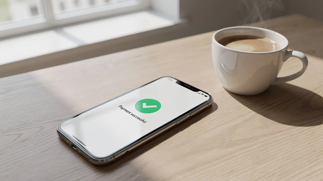 A smartphone rests on a table, displaying a banking app with a green checkmark, indicating a successful transaction. Next to it, a cup of coffee sits in a bright room, creating a cozy atmosphere for managing finances.