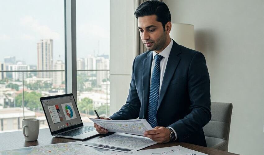 NRI investor exploring luxury property investment in Pune via digital tools and market data.