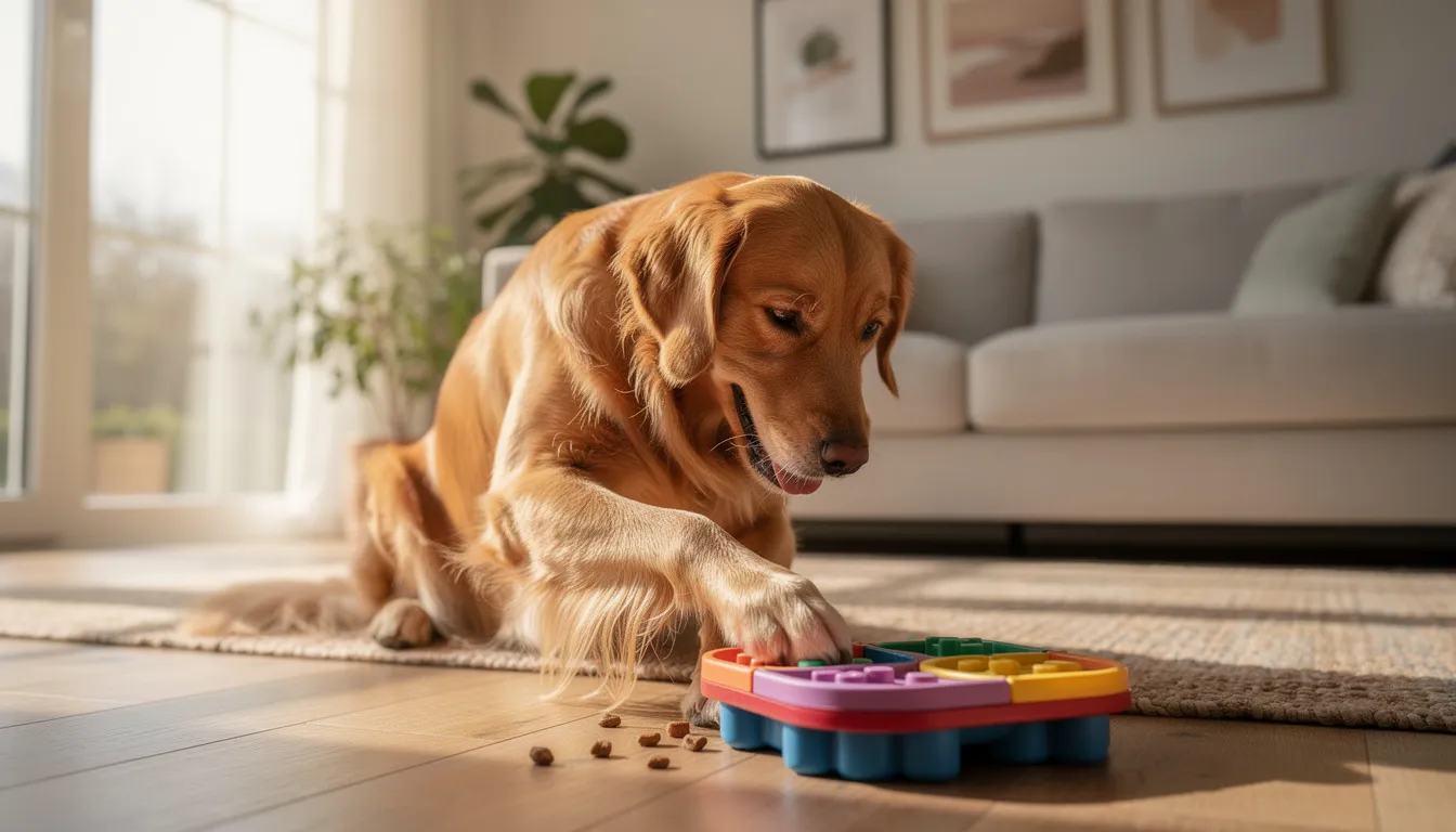 A golden retriever is joyfully engaging with a puzzle feeder toy in a bright living room, showcasing the importance of indoor enrichment activities for pets. This scene highlights how food puzzles can provide mental stimulation and fun for dogs, especially when they are indoors.